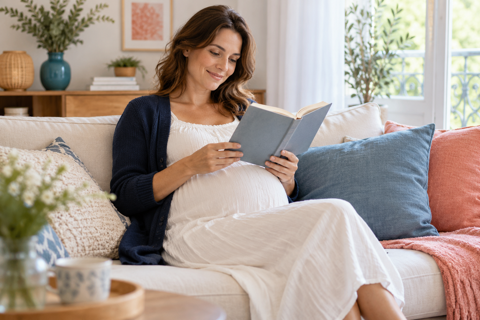 Une future maman lit confortablement un livre